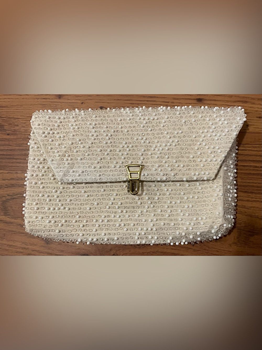 Vintage Beautiful Beaded Ivory Clutch with Gold Hardware